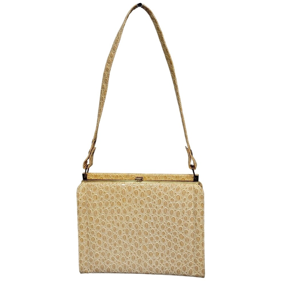 Vintage Lumured Corde Cream Faux Crocodile Embossed Frame Handbag Gold Hardware‎